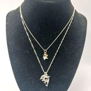 DOLPHINS- 18K GF Bead Locket + Silver Toned Pendant Necklaces